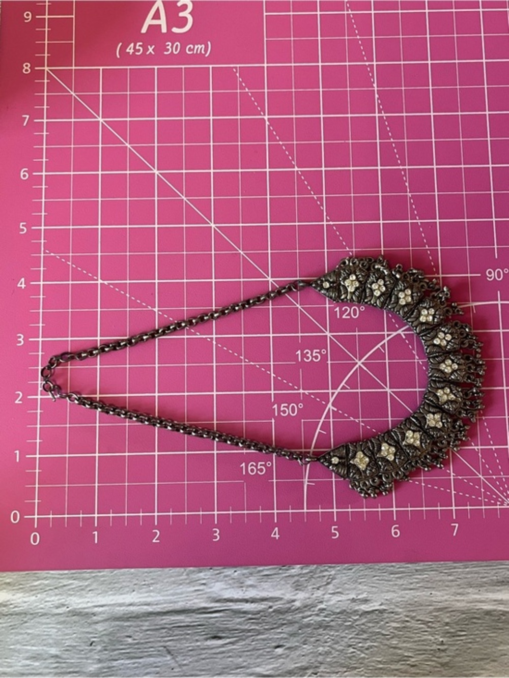 Oxidized Silver Necklace Set Intricate Geometric Patterns & Rhinestones - Picture 12 of 15